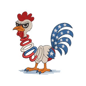 Patriotic Chicken Embroidery Design – Funny Spring Neck Rooster with USA Star Tail – 4th of July Machine Embroidery File