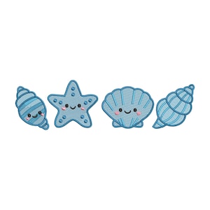 May include: Four blue and white cartoon sea creatures with happy faces. A seashell, a starfish, a seashell, and a seashell.