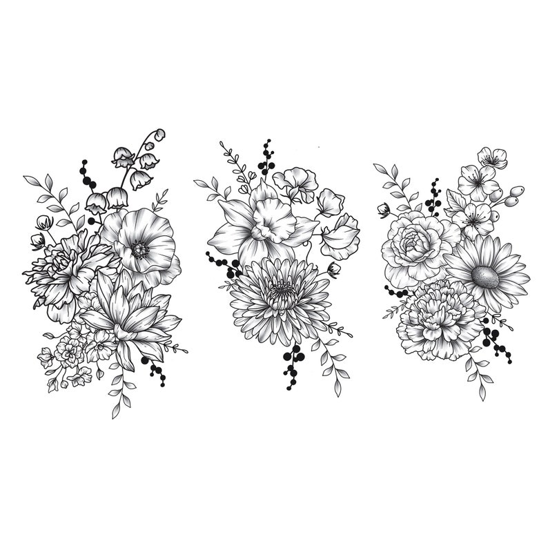 May include: Three black and white line drawings of floral bouquets. Each bouquet features a variety of flowers, including roses, lilies, and daisies.
