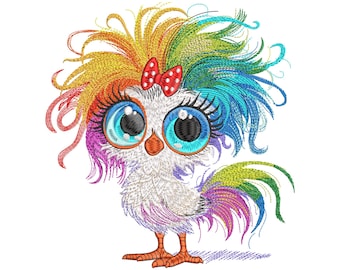Funny Chicken Embroidery Design, Rainbow Hair Chicken Machine Embroidery File, Crazy Hen Instant Download, Cute Farm Animal PES DST JEF