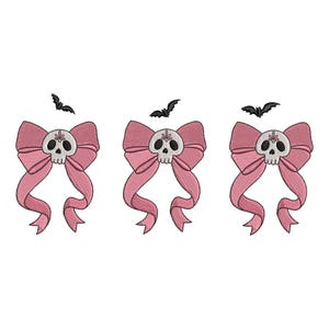 May include: Three pink bows with white skull and crossbones in the center. Each bow has a black bat above it.