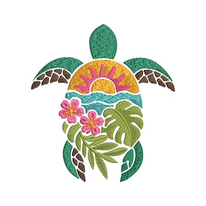 May include: A colourful embroidered design of a sea turtle with a sunset, ocean waves, tropical flowers, and leaves.