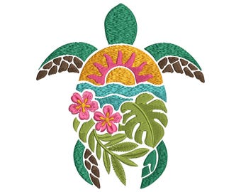 Sea Turtle Machine Embroidery Design, Landscape embroidery, Tortoise embroidery, Ocean Beach Sunset embroidery, 8 sizes,