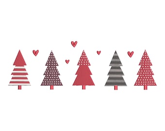 May include: A row of five red and gray Christmas trees with white polka dots, stripes, and a gray and white striped pattern.  There are five small red hearts scattered above the trees.