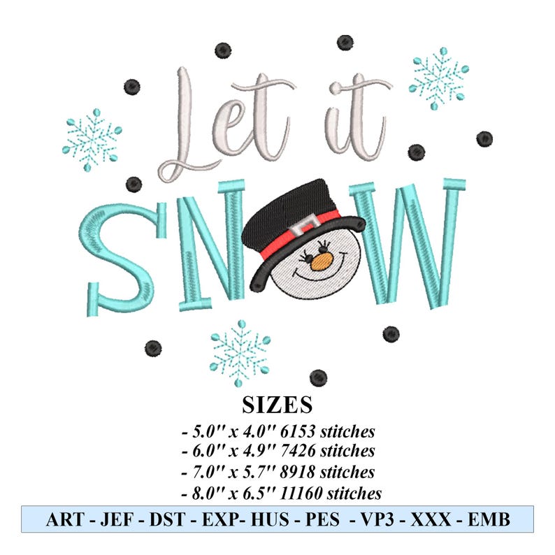 Let It Snow Embroidery Design, Christmas Snowman Embroidery File