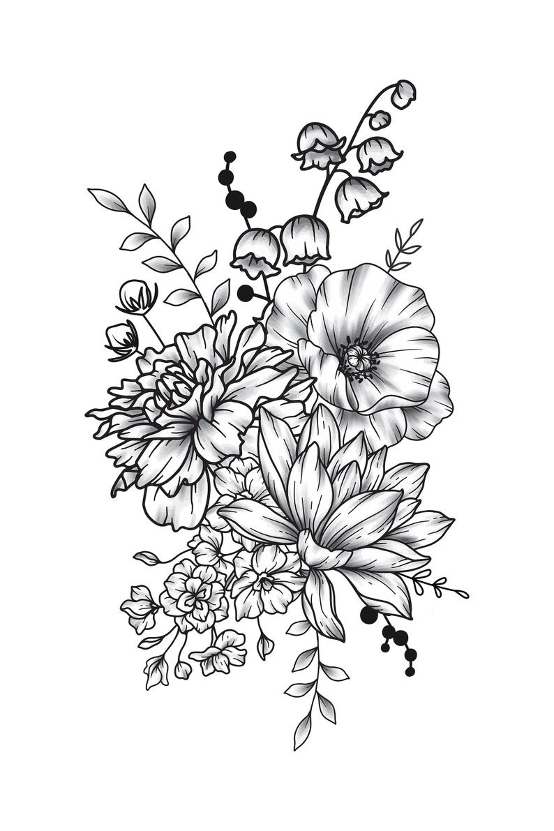 May include: A black and white line drawing of a bouquet of flowers. The bouquet includes a poppy, a lily, a peony, and lily of the valley.