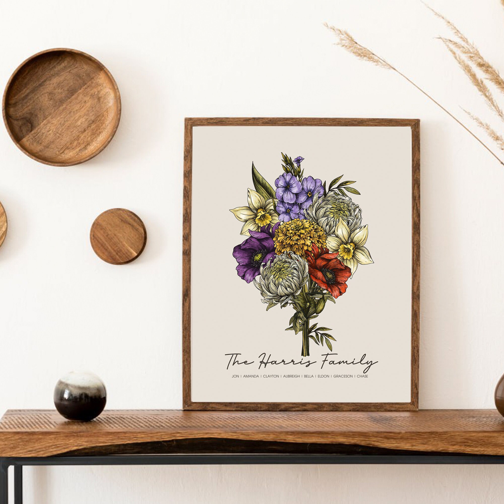 Color Birth Flower Family Bouquet, Personalised Birth Flower Print, Vintage Wall Art, Birthday Gift, Minimalist Home Decor, Christmas gift