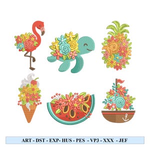 May include: A set of six embroidery designs featuring summer themes. The designs include a flamingo, a turtle, a pineapple, a watermelon slice, an ice cream cone, and a sailboat. All designs feature floral accents in shades of pink, yellow, blue, and green.