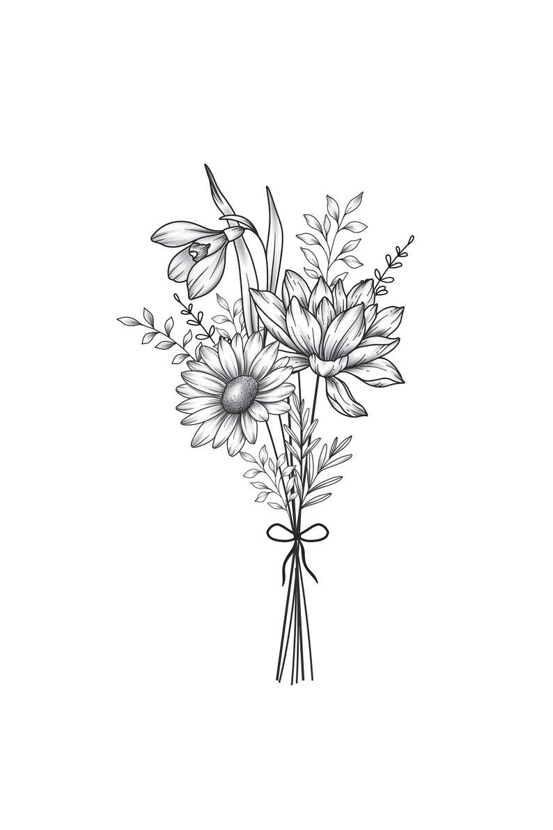 May include: A black and white line drawing of a bouquet of flowers, including a daisy, a snowdrop, and a dahlia, tied together with a ribbon.