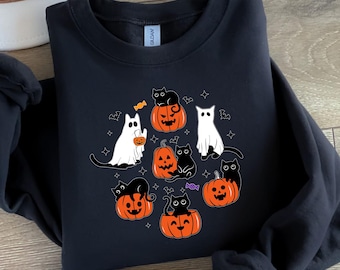 かわいいハロウィンゴーストブー猫Png、ハロウィン猫PNG、ハロウィンシャツPNG、ハロウィンパンプキン猫Png、秋の昇華デザインシャツ