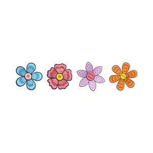 May include: Four embroidered flower patches in different colours: blue, pink, purple, and orange. Each flower has a yellow centre.