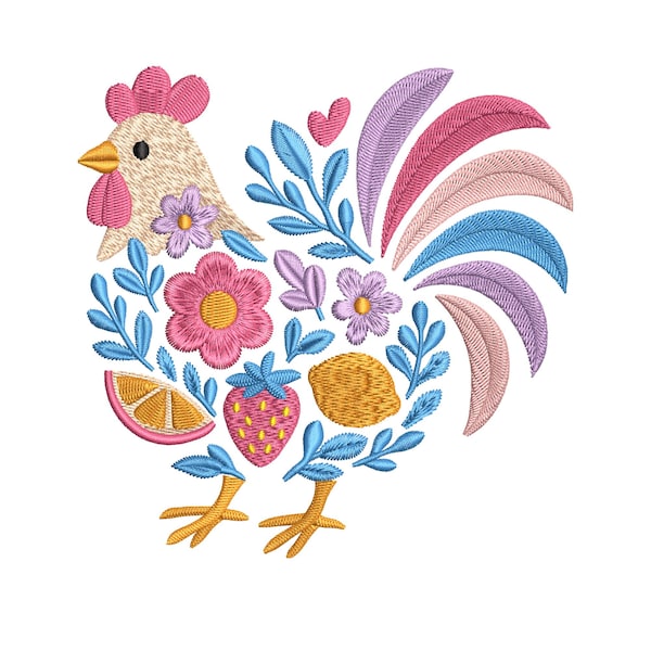 Diseño de bordado de pollo floral, arte popular de pollo con flores, archivo de bordado de pollo colorido, bordado a máquina de animales de granja