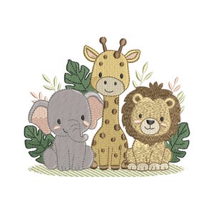 サファリ動物の刺繍デザイン、かわいいライオン、ゾウ、キリンの機械刺繍、ジャングルの赤ちゃん動物の刺繍ファイル、ベビーシャワーのGIF