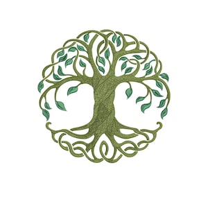 May include: A green stylised tree of life with intricate branches and roots, forming a circle. The tree has a textured, leafy appearance.