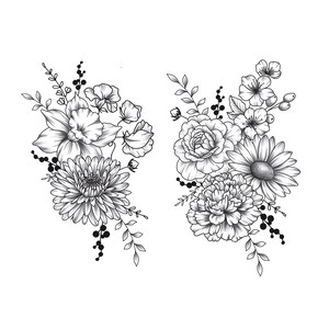 May include: Two black and white line drawings of floral bouquets. The bouquets are made up of various flowers, including daisies, roses, and carnations.