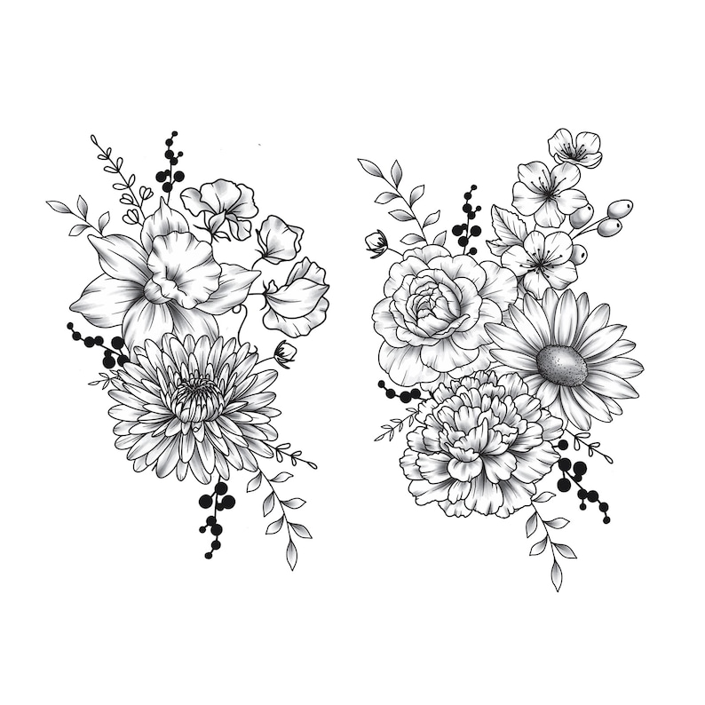 May include: Two black and white line drawings of floral bouquets. The bouquets are made up of various flowers, including daisies, roses, and carnations.