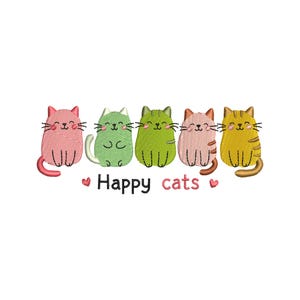 Happy Cats Embroidery Design, Cute Cat Machine Embroidery File, Kawaii Kitty Lineup Stitch, Digital Download, 8 Sizes