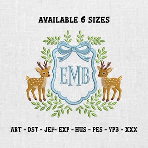 May include: An embroidered design featuring a light blue bow and frame with the letters "EMB" inside. Two brown deer with white spots flank the frame, surrounded by green leaves. The text "AVAILABLE 6 SIZES" is at the top, and file types are listed at the bottom.