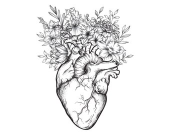 May include: A black and white line drawing of a human heart with flowers growing out of the top.