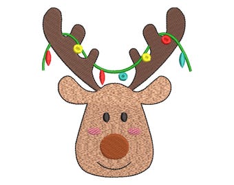 Christmas Reindeer Embroidery Design, Cute Reindeer with Christmas Light Embroidery File, Holiday Embroidery File, Digital Download