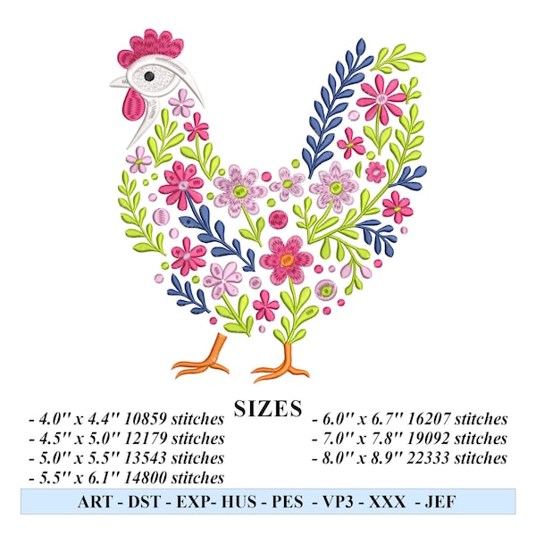Diseño de bordado floral de pollo, archivo de bordado a máquina de animales de granja bohemios, patrón de pollo campestre encantador, descarga instantánea, decoración de granja
