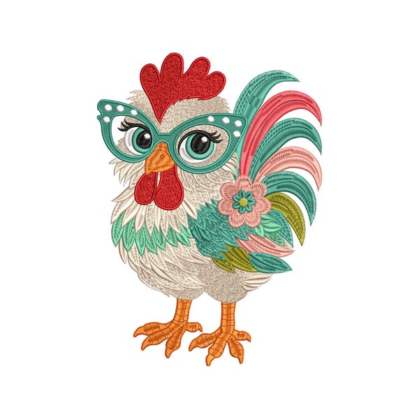 Lindo diseño de bordado de pollo: Pollo con gafas y flor, Pollo de granja caprichoso, Archivo de bordado a máquina, Descarga instantánea
