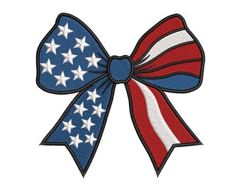 May include: A red, white, and blue bow with a star pattern on one side and stripes on the other. The bow is made of fabric and has a blue center.