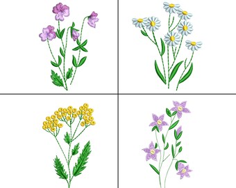 Puede incluir: Cuatro diseños de bordado diferentes que representan varias flores. El primer diseño muestra un grupo de flores rosas y moradas con hojas verdes. El segundo diseño muestra un grupo de flores blancas con hojas verdes. El tercer diseño muestra un grupo de flores amarillas con hojas verdes. El cuarto diseño muestra un grupo de flores moradas con hojas verdes.
