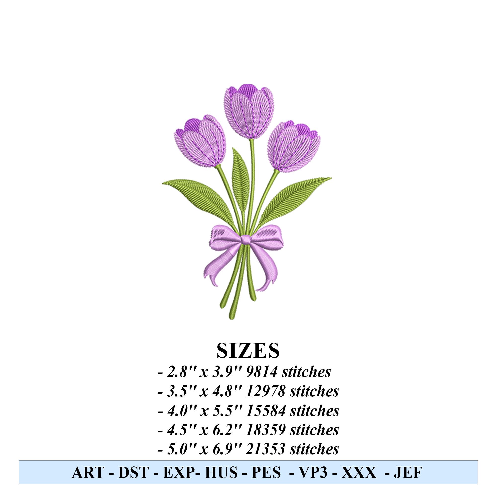 Tulip Bouquet Embroidery Design, Purple Tulip Flowers With Bow, Spring ...