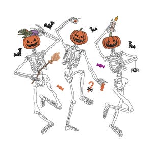Dancing Skeletons Embroidery Design, Halloween Pumpkin Face Skeleton Embroidery Design, Machine Embroidery File, Digital Download