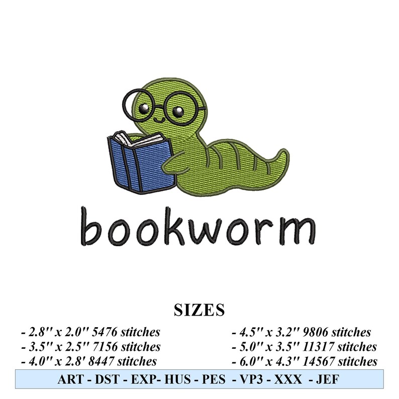 Bookworm Embroidery Design, Cute Bookworm Embroidery Pattern, Reading ...