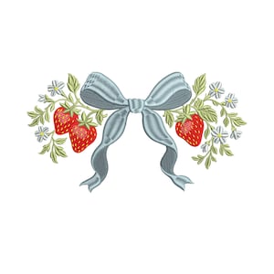 May include: Embroidered design featuring a light blue bow with flowing ribbons, flanked by sprigs of green leaves, white flowers, and three bright red strawberries. The design is on a white background.