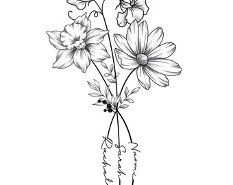 Custom Birth Flower Tattoo, Two Name Custom Birth Flower Tattoo Design, Bouquet Style, Personalized Tattoo, Digital Download