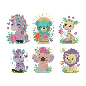 Safari Baby Tiere Stickdateien Set | Giraffe Zebra Löwe Koala Bär Pferd Maschinenstickerei Dateien | 7 Größen | Kinderzimmer Dekor