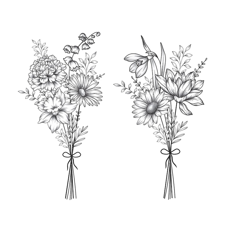 May include: Two black and white line drawings of bouquets of flowers. The bouquets are tied with a ribbon and include daffodils, daisies, carnations, and lily of the valley.