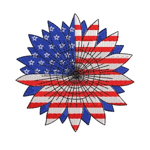 Könnte beinhalten: Gesticktes Sonnenblumen-Design mit der amerikanischen Flagge. Die Blütenblätter sind in blaue Abschnitte mit weißen Sternen und rot-weißen Streifen unterteilt. Die Mitte hat ein schwarzes, netzartiges Muster.