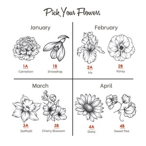 May include: A black and white illustration of different types of flowers, organized by month. The flowers include carnation, snowdrop, iris, pansy, daffodil, cherry blossom, daisy, and sweet pea.