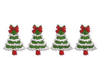 May include: Four embroidered Christmas tree designs. Each tree is green with white accents, a red bow at the top, and a red base. The trees are arranged in a row against a white background.