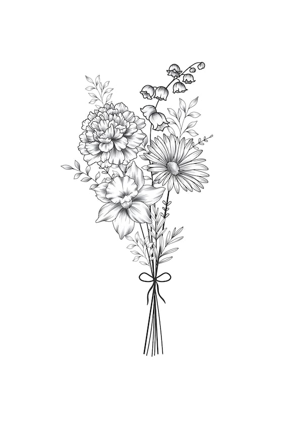 Custom Birth Flower Bouquet, Family Birth Month Tattoo Design, Up to 10 Flowers, Flower Bouquet Print Floral Tattoo Design Digital Download