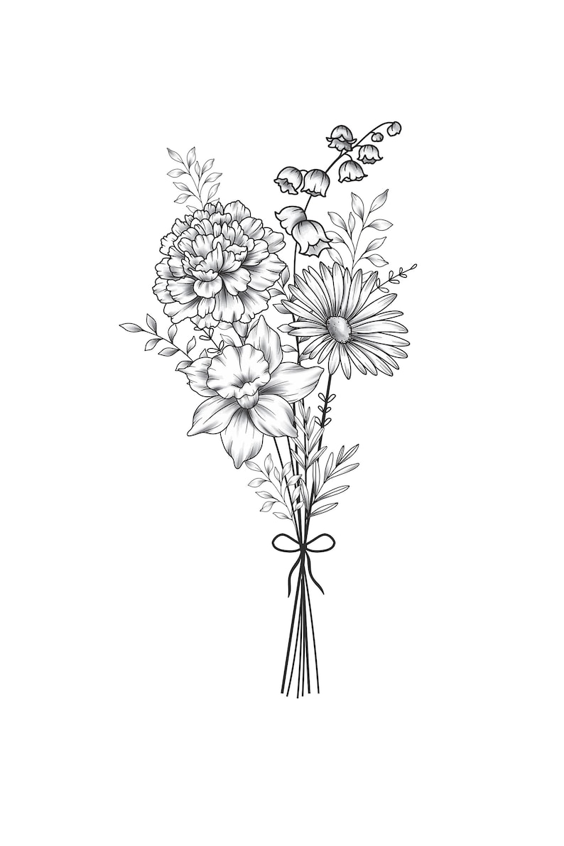 May include: A black and white line drawing of a bouquet of flowers. The bouquet includes carnations, daisies, daffodils, and lily of the valley.
