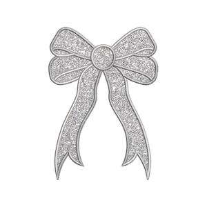 May include: A silver glitter bow with a large center loop and two long tails.