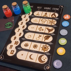 May include: A black and wood-toned game board with etched symbols and numbers, alongside colorful tokens and small glass bottles filled with red, blue, and green liquids. The board has the text "INERT WANING STRONG".