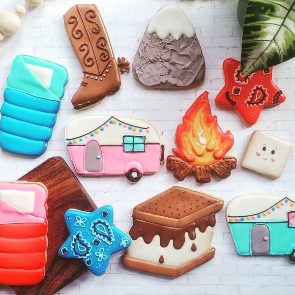 Camping cookie cutters, Sleeping bag, smores, camp fire, and camper