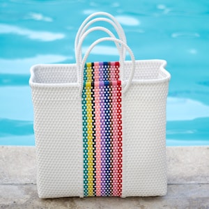 XL - White  Beach tote Bag- Mercado Handwoven Vinyl Bag -Mexican Vinyl tote Bag - Recycled Plastic Mercado Bag