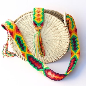 Bolso de hombro circular mexicano de hoja de palma - Bolso de hombro de paja de palma tejido a mano - Bolso tejido a mano - Bolso circular artesanal de hoja de palma - Bolso boho