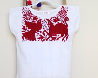 Otomi Women Blouse-  Hand embroidered  top- Otomi Red embroidery top  - Boho Otomi blouse - Mexican Blouse-M