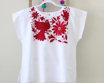 Otomi Women Blouse-  Hand embroidered  top- Otomi Red embroidery top  - Boho Otomi blouse - Mexican Blouse-XL