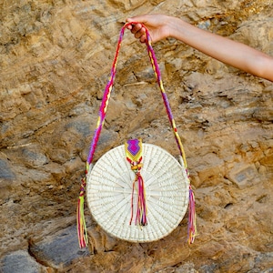 Bolso de hombro circular mexicano de hoja de palma - Bolso de hombro de paja de palma tejido a mano - Bolso tejido a mano - Bolso circular artesanal de hoja de palma - Bolso boho