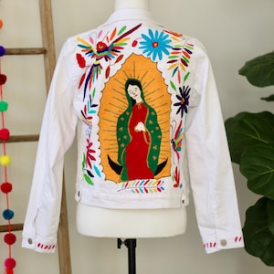 Virgen de Guadalupe Otomi Denim Jacket – Hand Embroidered Virgin Mary Mexican Jean Jacket – One of a Kind Tenango Embroidery