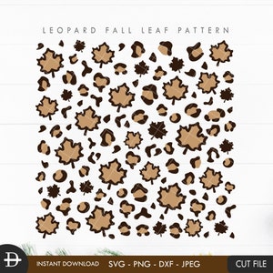 May include: A digital design featuring a pattern of brown maple leaves and leopard spots on a white background. The text "LEOPARD FALL LEAF PATTERN" is at the top of the design.